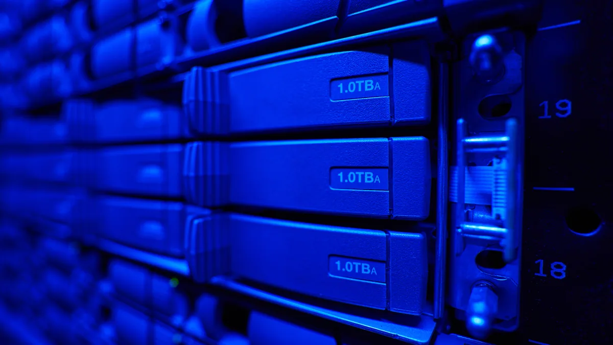 Server array with blue lighting in data center